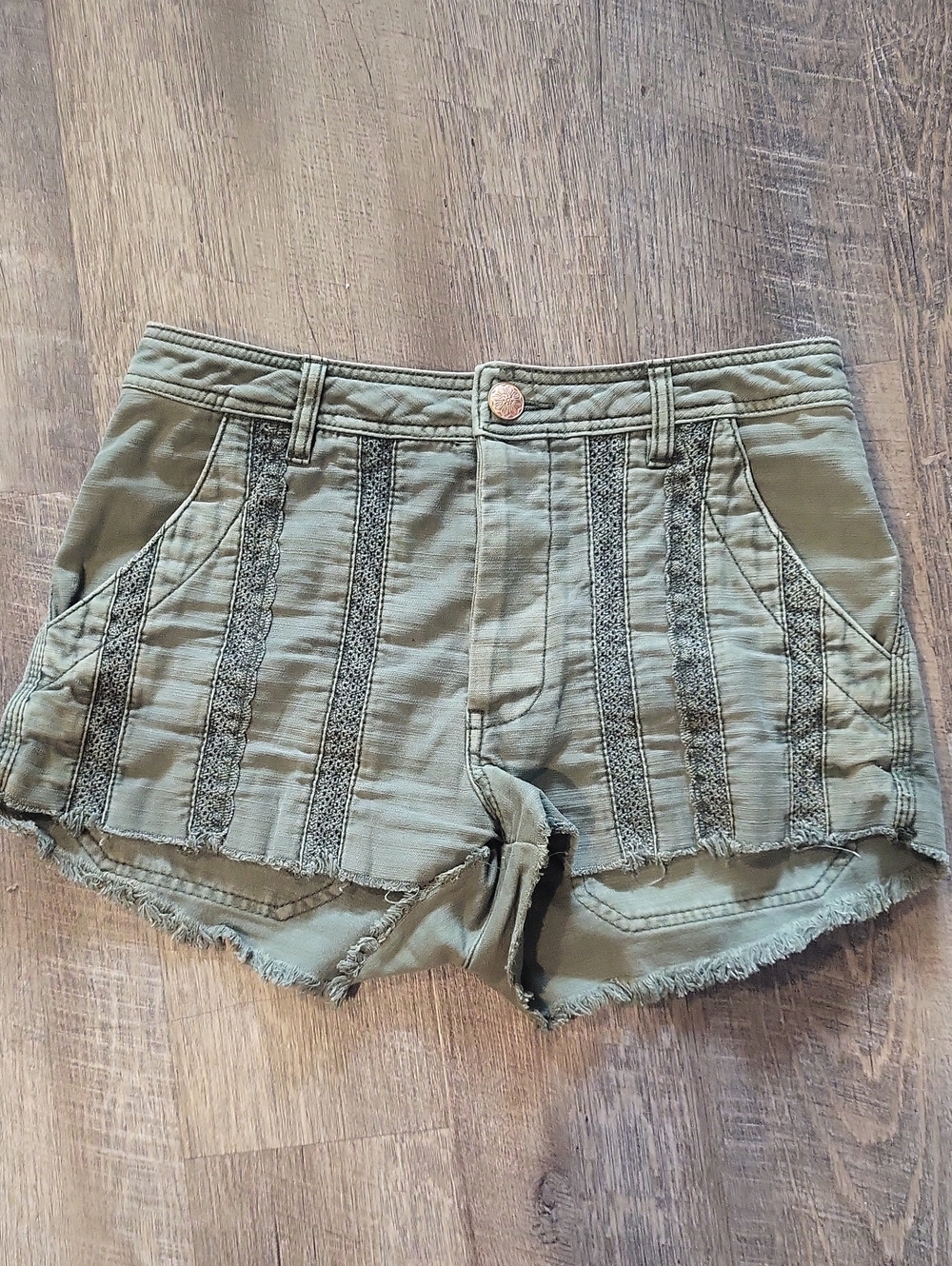 Free People Olive Lace-Panel Denim Shorts